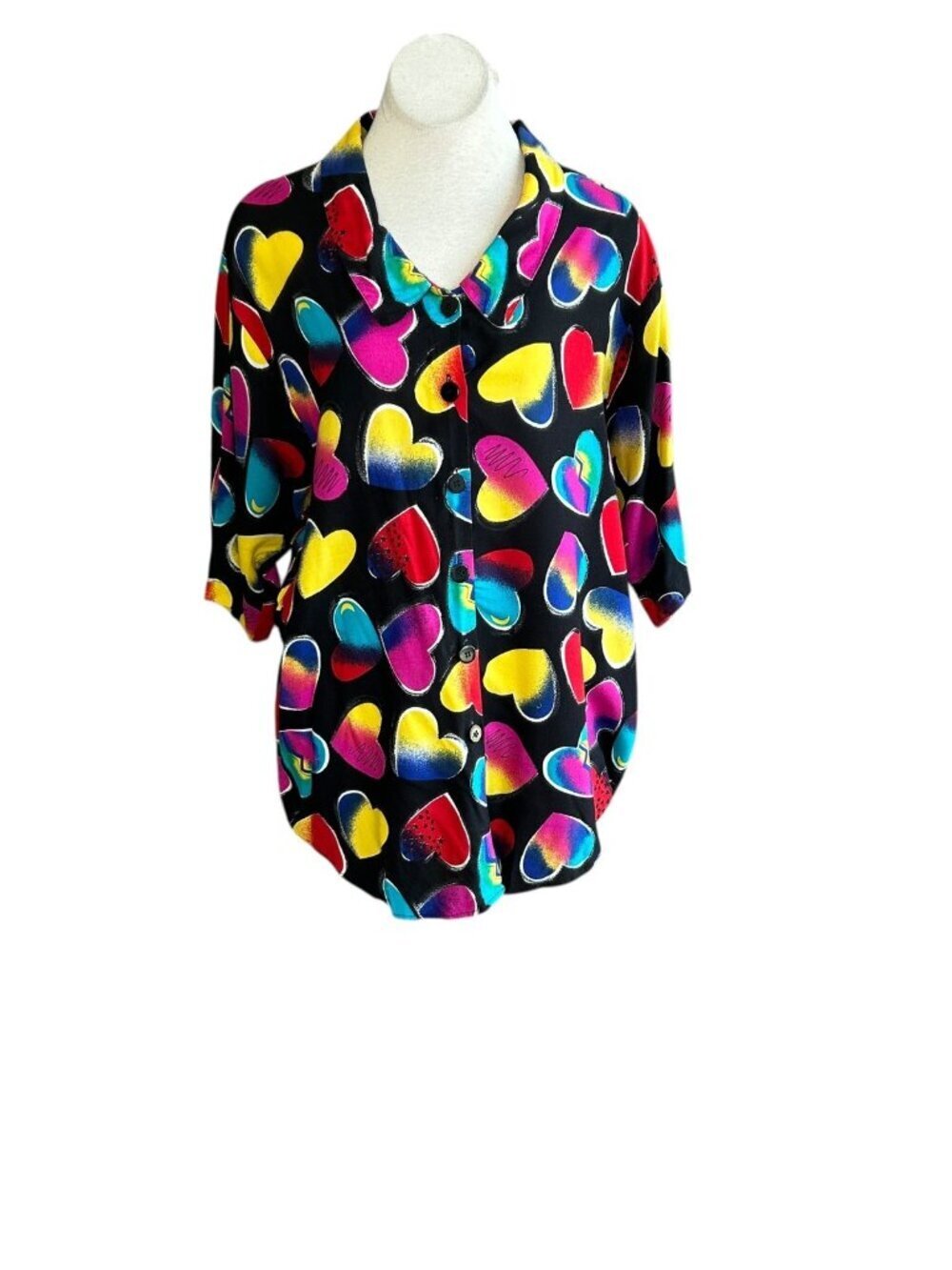 Victorian Jones Woman Shirt Colorful Rainbow Hearts Tunic Length 3/4 Sleeves